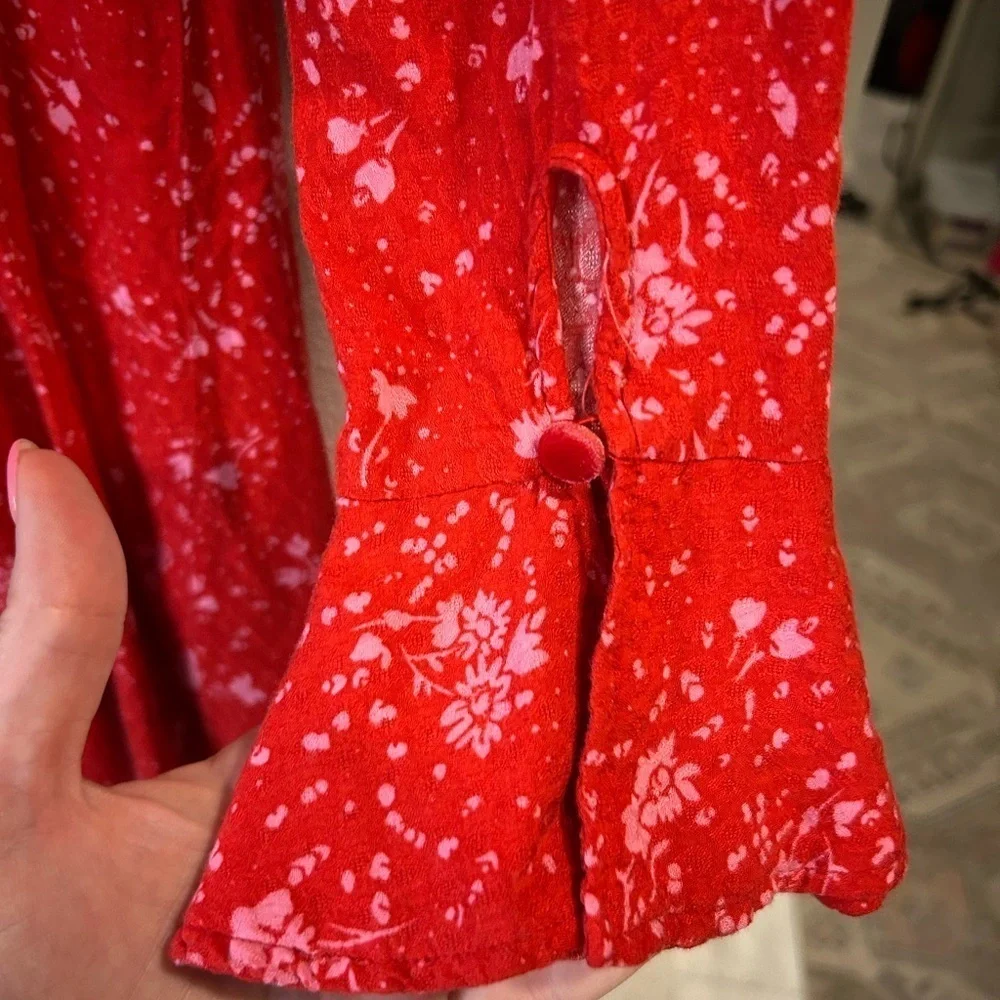 Free People Red Flutter Sleeve Smocked Blouse